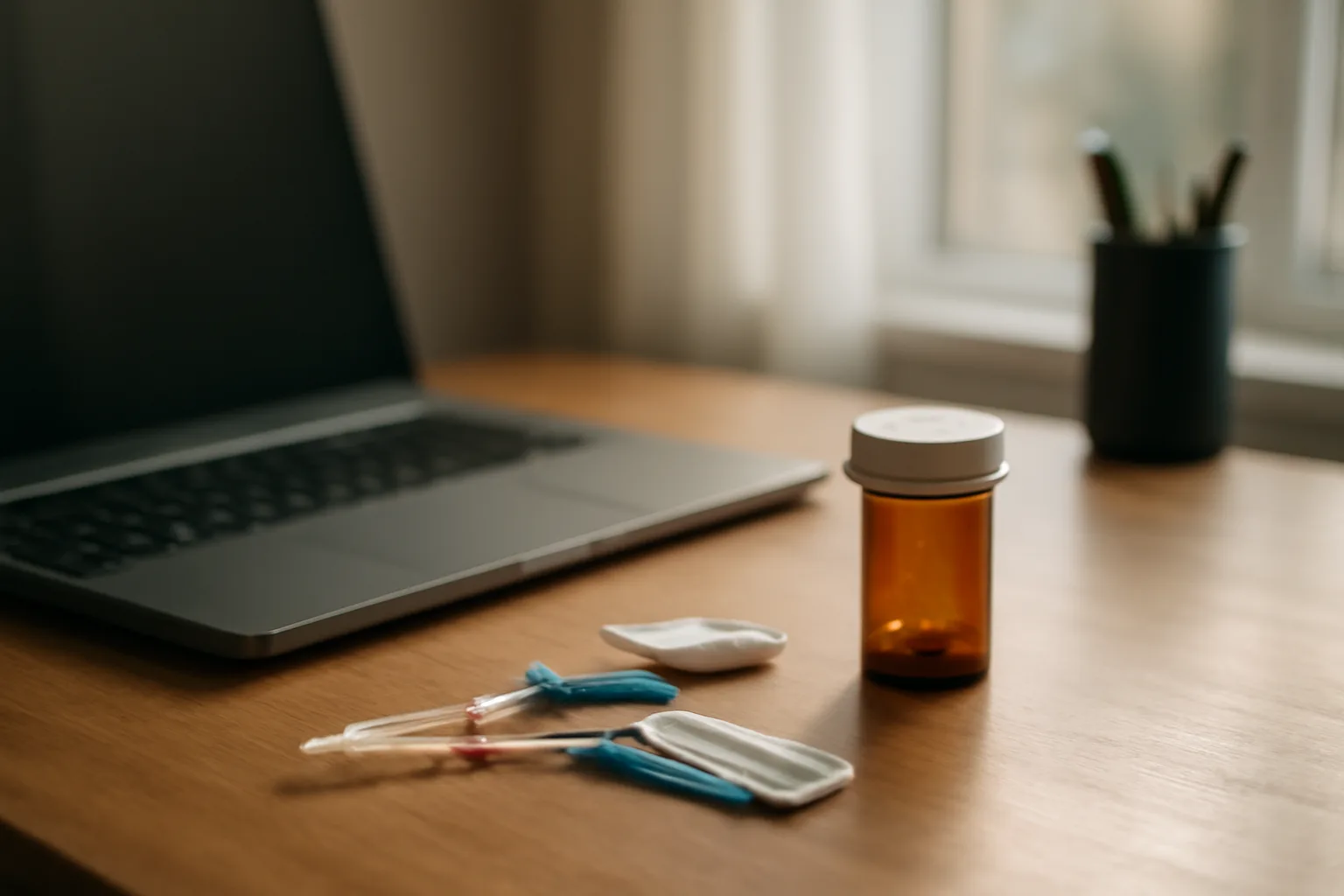 Home desk scene showing enclomiphene telehealth intake with lab kit and laptop