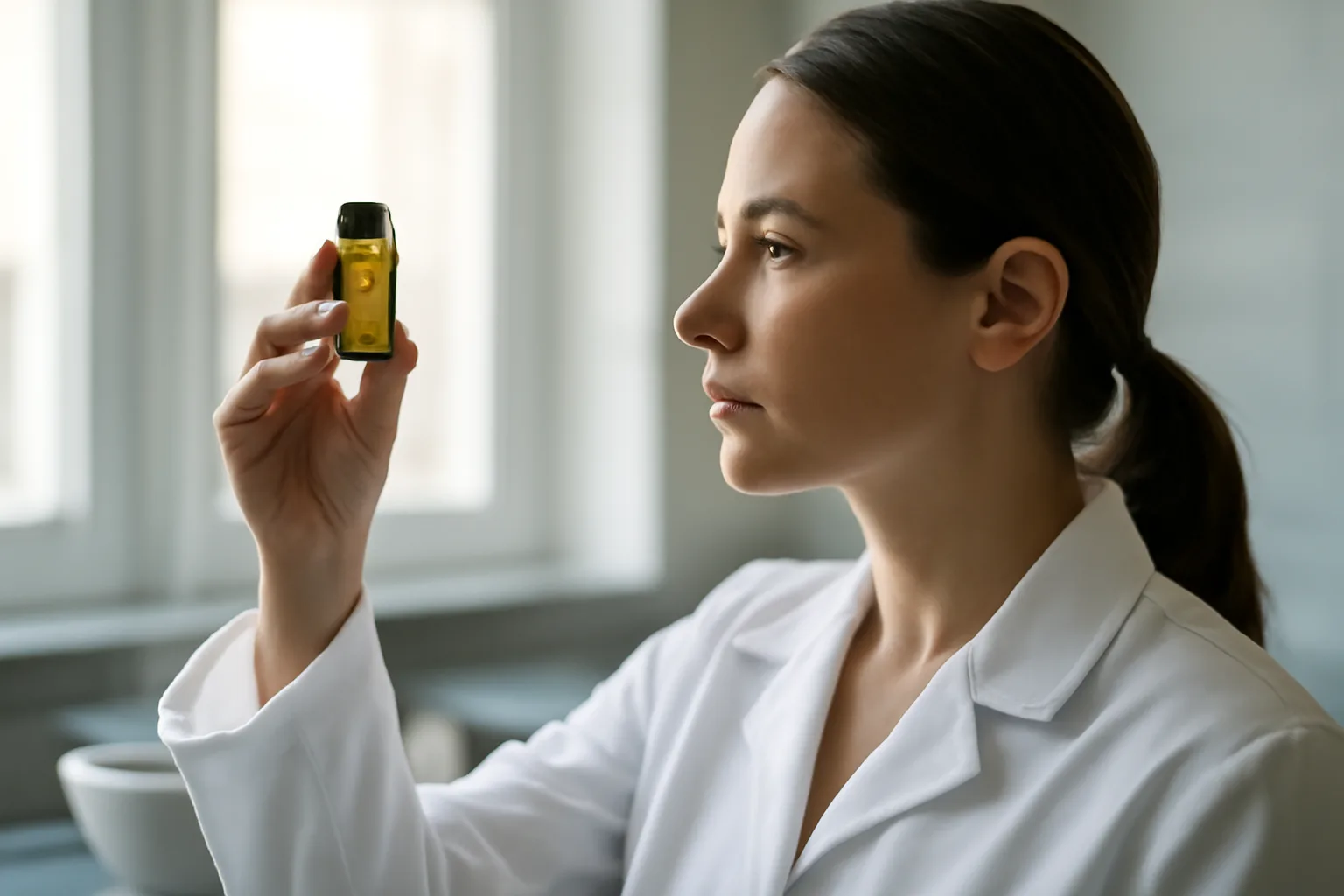 Pharmacist inspecting a compounded medication vial in a lab setting